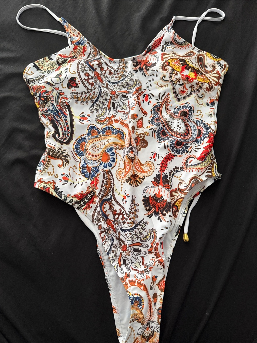 Women’s White Paisley One-Piece Swimsuit with Multi-Color Print Brazilian Cut